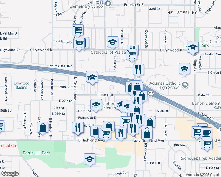 map of restaurants, bars, coffee shops, grocery stores, and more near 2703 North Fairfax Drive in San Bernardino