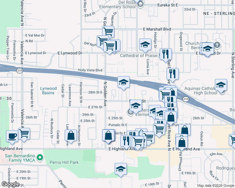 map of restaurants, bars, coffee shops, grocery stores, and more near 2746 Conejo Drive in San Bernardino
