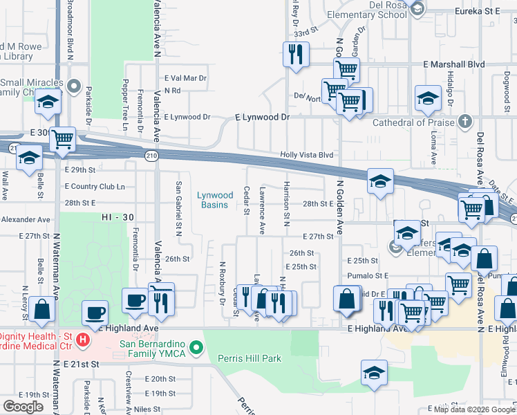 map of restaurants, bars, coffee shops, grocery stores, and more near 2755 Lawrence Avenue in San Bernardino