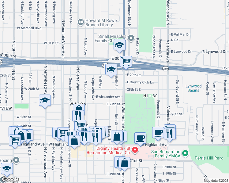 map of restaurants, bars, coffee shops, grocery stores, and more near 243 East Alexander Avenue in San Bernardino