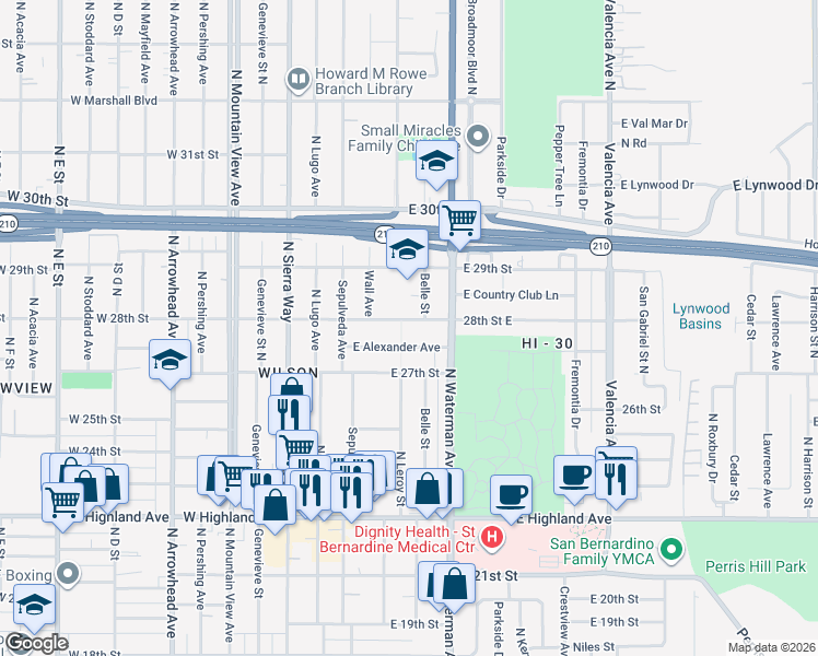 map of restaurants, bars, coffee shops, grocery stores, and more near 243 East Alexander Avenue in San Bernardino