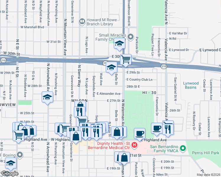 map of restaurants, bars, coffee shops, grocery stores, and more near 243 East Alexander Avenue in San Bernardino