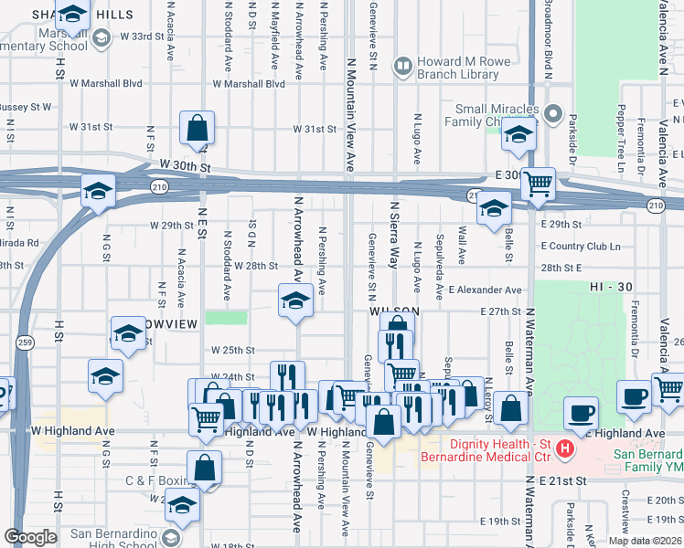 map of restaurants, bars, coffee shops, grocery stores, and more near 2751 North Pershing Avenue in San Bernardino