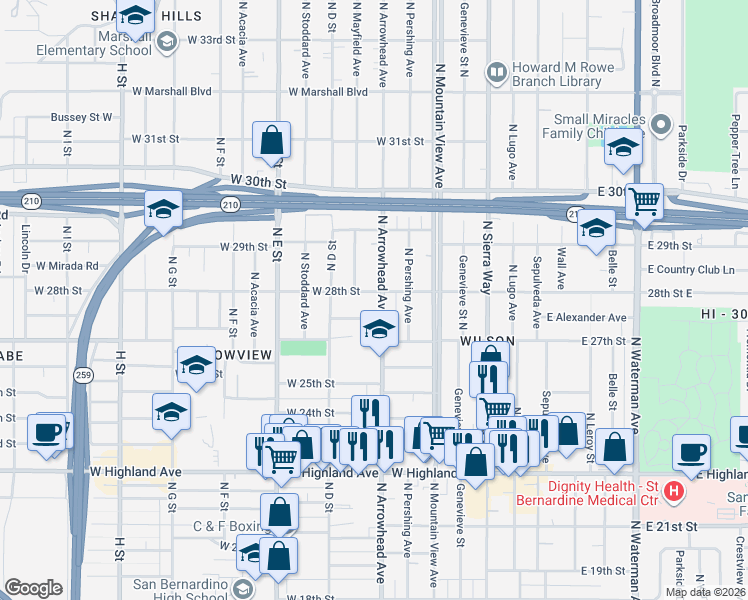 map of restaurants, bars, coffee shops, grocery stores, and more near 2757 North Arrowhead Avenue in San Bernardino