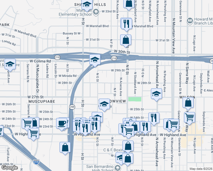 map of restaurants, bars, coffee shops, grocery stores, and more near 2756 North Louise Street in San Bernardino