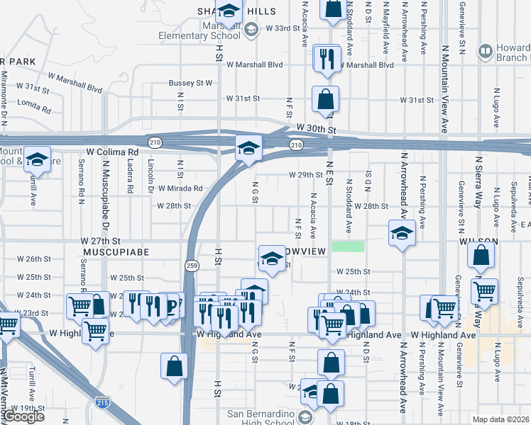 map of restaurants, bars, coffee shops, grocery stores, and more near 2755 North G Street in San Bernardino