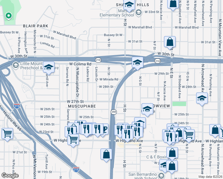 map of restaurants, bars, coffee shops, grocery stores, and more near 2745 North I Street in San Bernardino