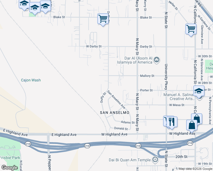 map of restaurants, bars, coffee shops, grocery stores, and more near 2835 San Anselmo Court in San Bernardino