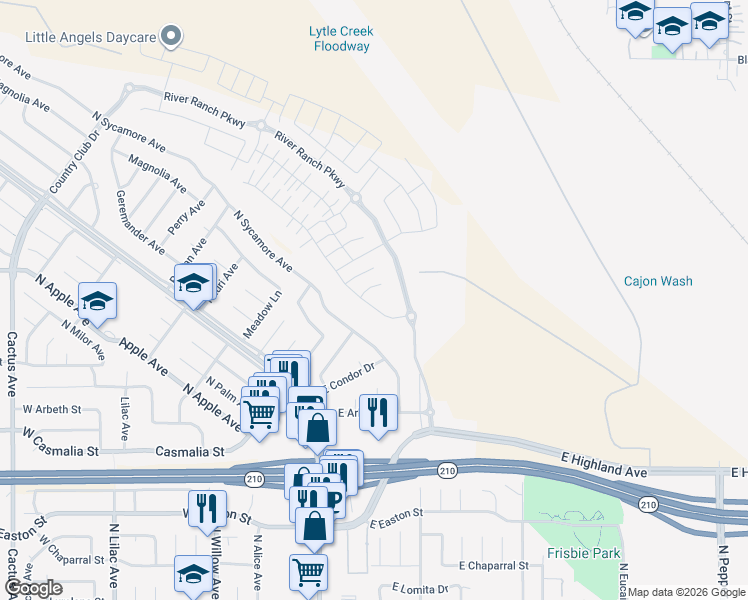 map of restaurants, bars, coffee shops, grocery stores, and more near 2257 North Sycamore Avenue in Rialto