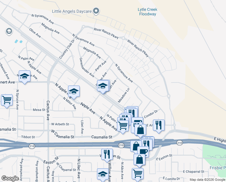 map of restaurants, bars, coffee shops, grocery stores, and more near 2497 Riverside Avenue in Rialto