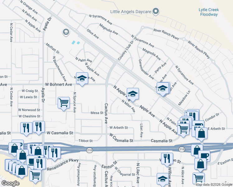 map of restaurants, bars, coffee shops, grocery stores, and more near 2280 North Yucca Avenue in Rialto