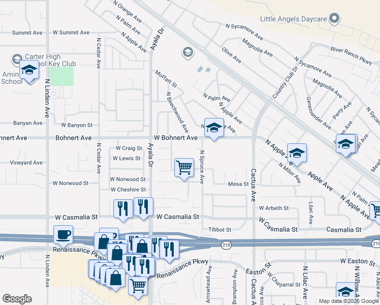 map of restaurants, bars, coffee shops, grocery stores, and more near 2311 North Beechwood Avenue in Rialto