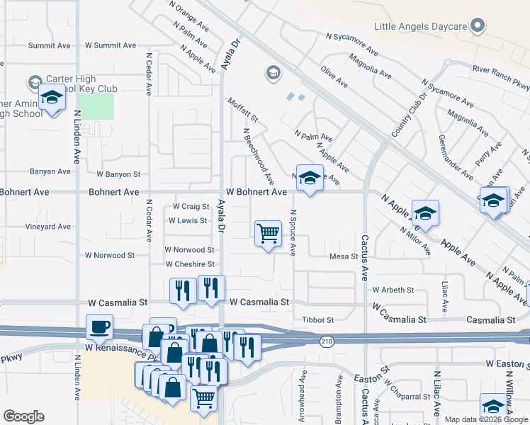 map of restaurants, bars, coffee shops, grocery stores, and more near 2308 North Teakwood Avenue in Rialto