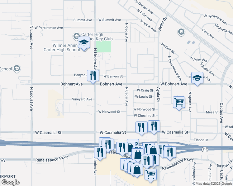 map of restaurants, bars, coffee shops, grocery stores, and more near 1327 North Lewis Street in Rialto