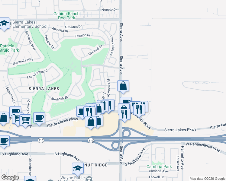 map of restaurants, bars, coffee shops, grocery stores, and more near 6185 Shoreacres Lane in Fontana