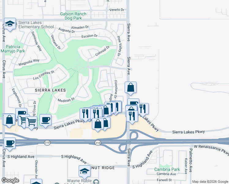 map of restaurants, bars, coffee shops, grocery stores, and more near 6188 Firestone Drive in Fontana