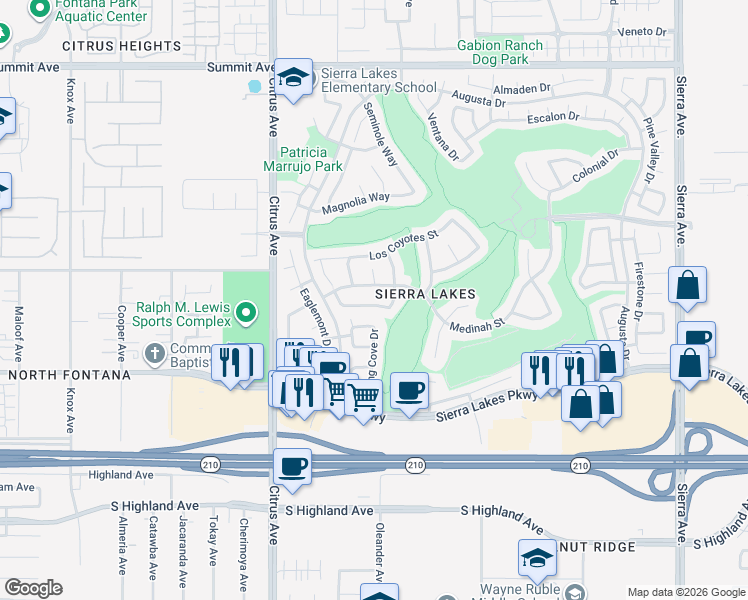 map of restaurants, bars, coffee shops, grocery stores, and more near 16327 Yorba Linda Lane in Fontana