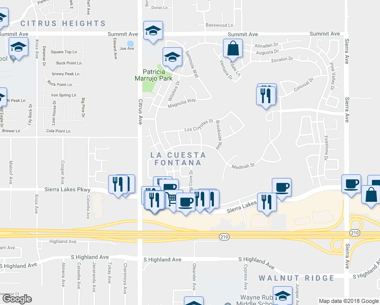 map of restaurants, bars, coffee shops, grocery stores, and more near 16258 Pablo Creek Lane in Fontana