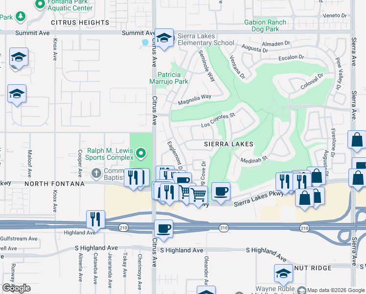 map of restaurants, bars, coffee shops, grocery stores, and more near 6195 Eaglemont Drive in Fontana