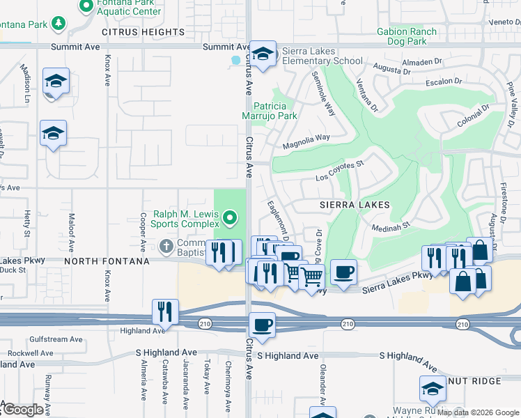 map of restaurants, bars, coffee shops, grocery stores, and more near 6198 Goldendale Way in Fontana