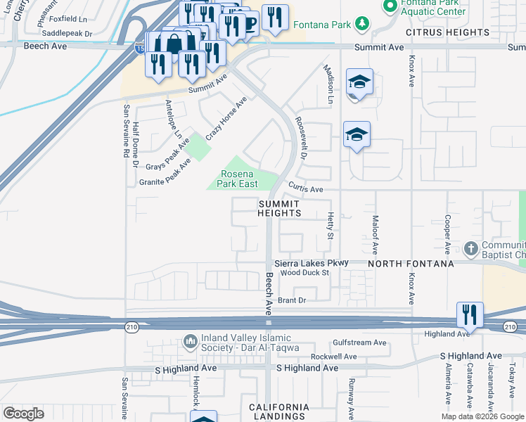 map of restaurants, bars, coffee shops, grocery stores, and more near in Fontana