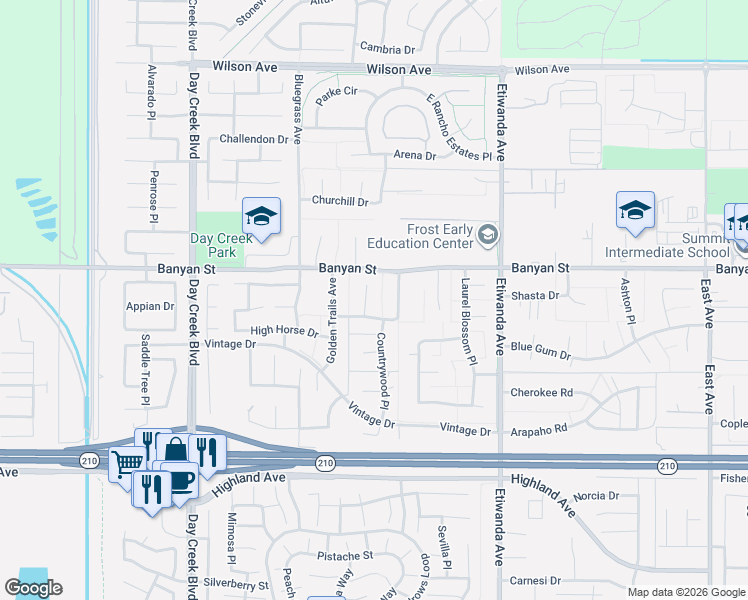 map of restaurants, bars, coffee shops, grocery stores, and more near 12629 Saddlehorn Drive in Rancho Cucamonga