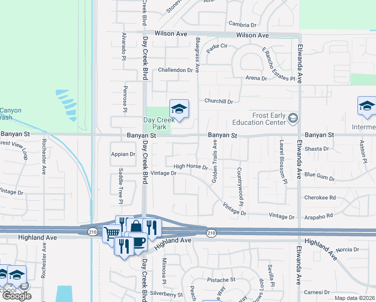 map of restaurants, bars, coffee shops, grocery stores, and more near 12447 Kentucky Derby Court in Rancho Cucamonga