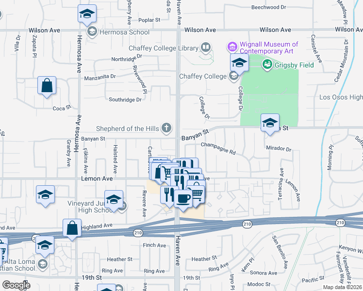 map of restaurants, bars, coffee shops, grocery stores, and more near 6192 Dakota Avenue in Rancho Cucamonga