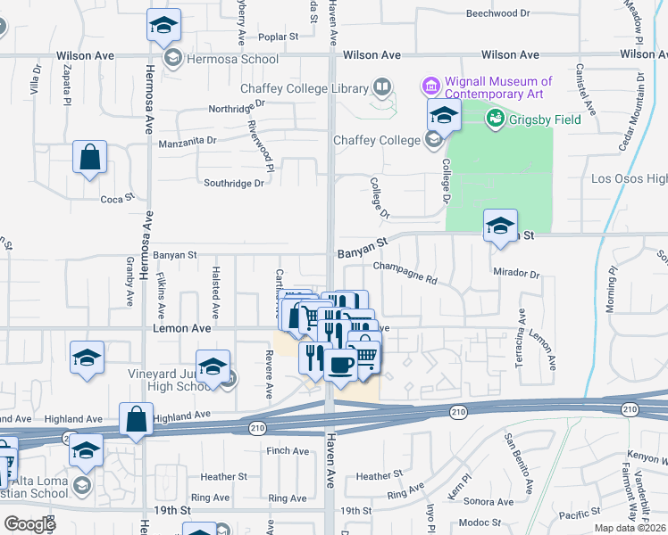 map of restaurants, bars, coffee shops, grocery stores, and more near 6192 Dakota Avenue in Rancho Cucamonga