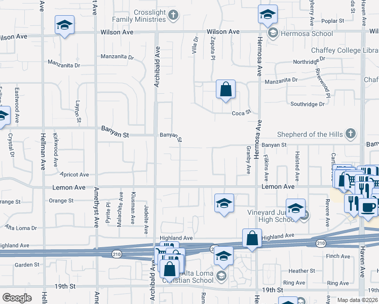 map of restaurants, bars, coffee shops, grocery stores, and more near 9819 Liberty Street in Rancho Cucamonga