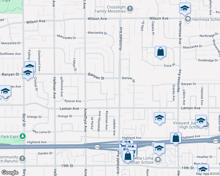 map of restaurants, bars, coffee shops, grocery stores, and more near 6188 Klusman Avenue in Rancho Cucamonga