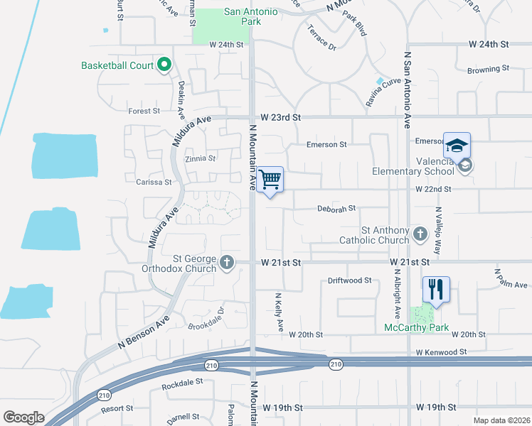 map of restaurants, bars, coffee shops, grocery stores, and more near 2151 North Kelly Avenue in Upland