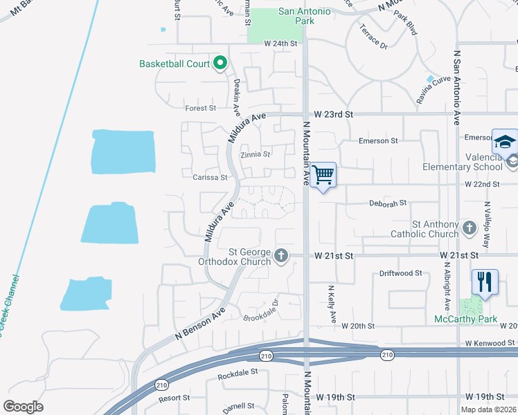 map of restaurants, bars, coffee shops, grocery stores, and more near 1325 Sunrise Circle West in Upland