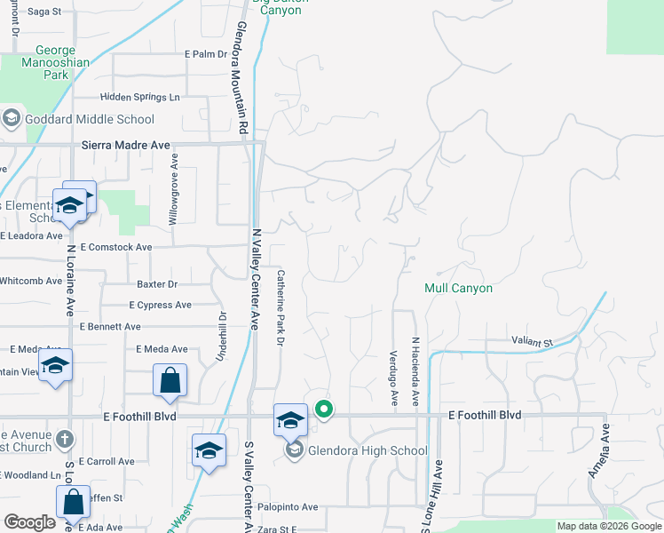 map of restaurants, bars, coffee shops, grocery stores, and more near 353 Oak Knoll Drive in Glendora