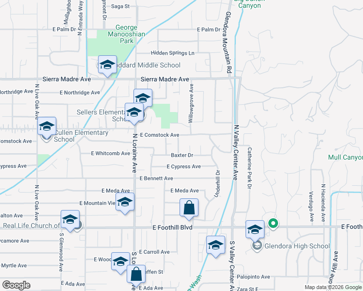 map of restaurants, bars, coffee shops, grocery stores, and more near 1315 Baxter Drive in Glendora