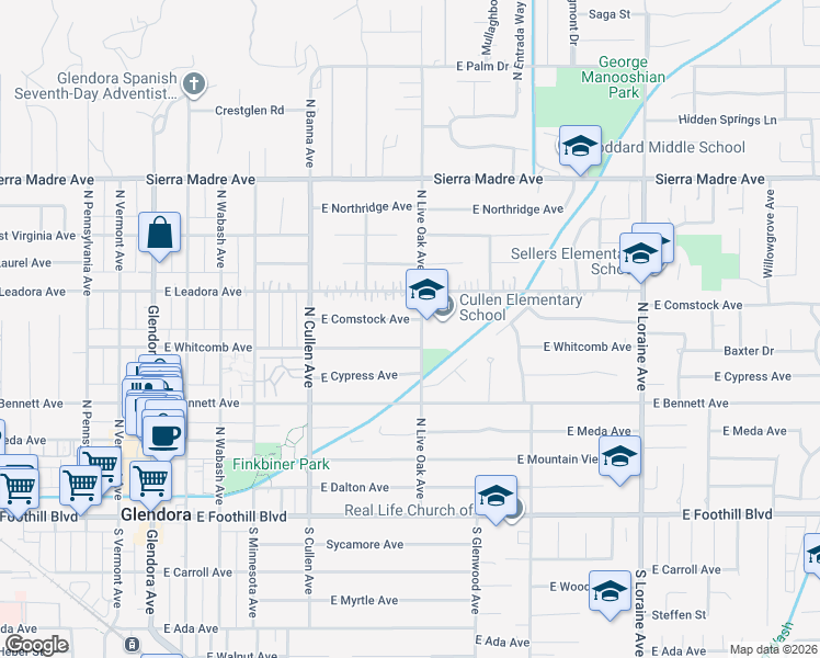 map of restaurants, bars, coffee shops, grocery stores, and more near 660 East Whitcomb Avenue in Glendora