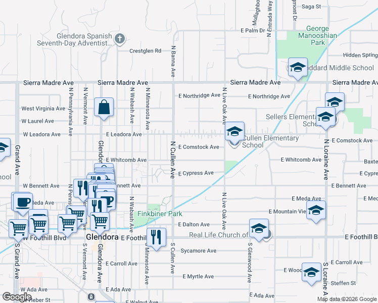 map of restaurants, bars, coffee shops, grocery stores, and more near 535 East Whitcomb Avenue in Glendora