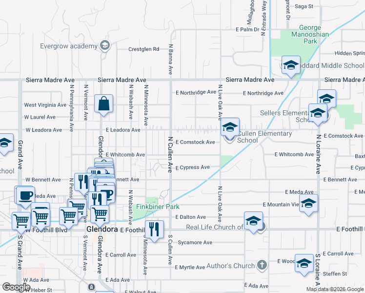 map of restaurants, bars, coffee shops, grocery stores, and more near 535 East Whitcomb Avenue in Glendora