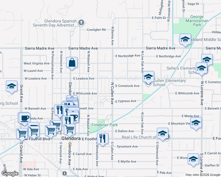 map of restaurants, bars, coffee shops, grocery stores, and more near 403 North Cullen Avenue in Glendora