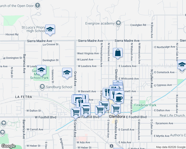 map of restaurants, bars, coffee shops, grocery stores, and more near 358 North Bender Avenue in Glendora