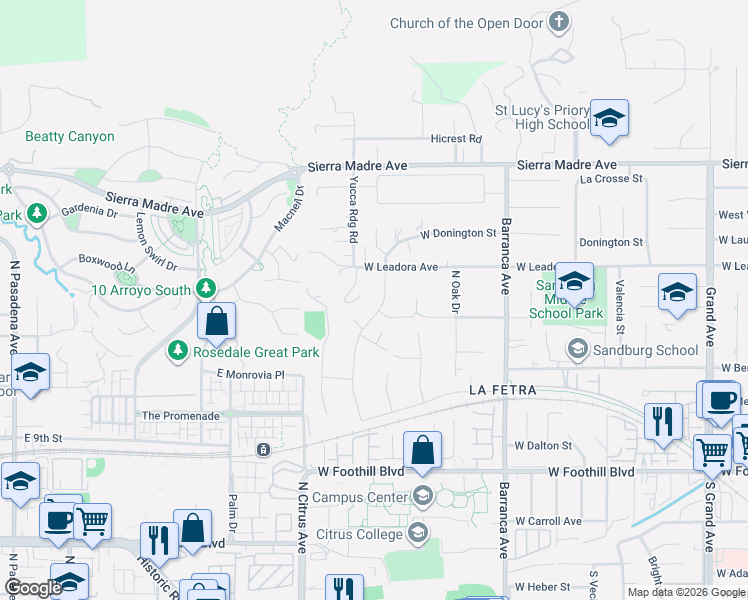 map of restaurants, bars, coffee shops, grocery stores, and more near 7260 North Baldy Vista Avenue in Glendora