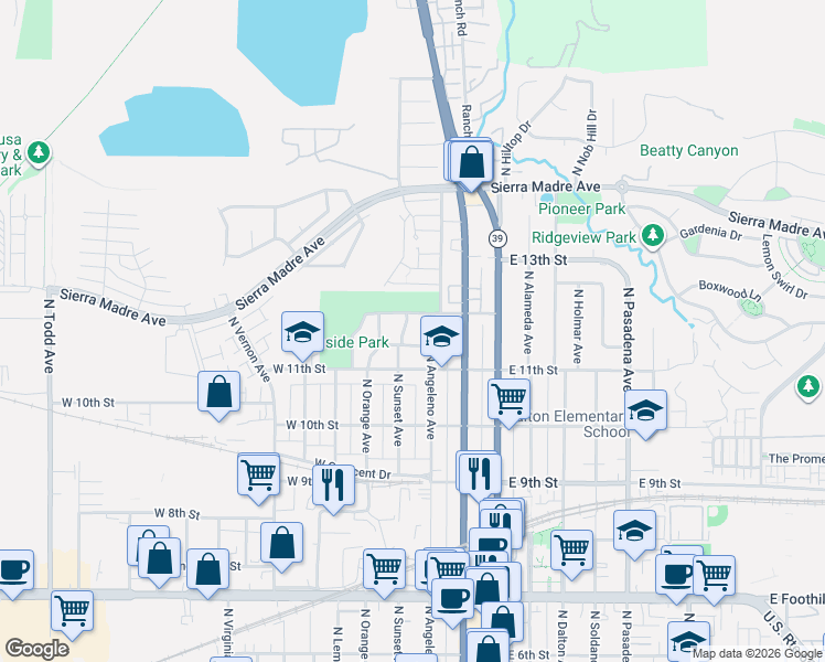 map of restaurants, bars, coffee shops, grocery stores, and more near 320 Vista Bonita Street in Azusa