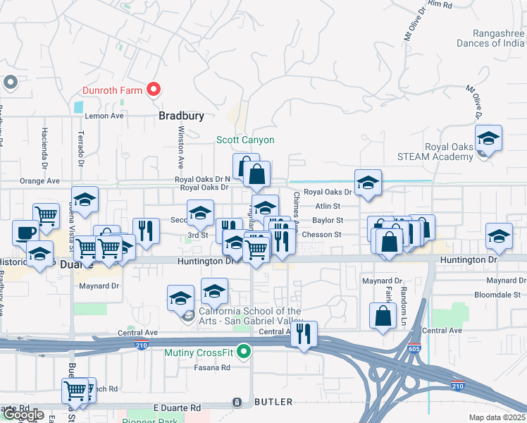 map of restaurants, bars, coffee shops, grocery stores, and more near 1812 Second Street in Duarte