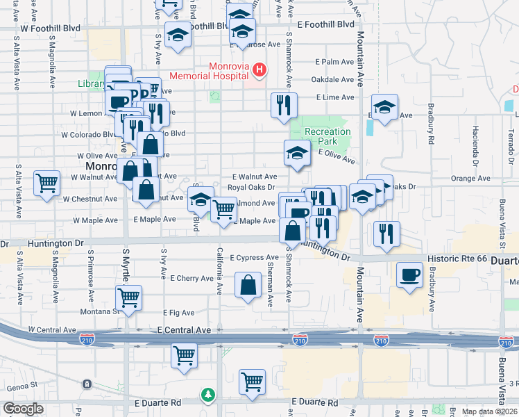 map of restaurants, bars, coffee shops, grocery stores, and more near 511 East Maple Avenue in Monrovia