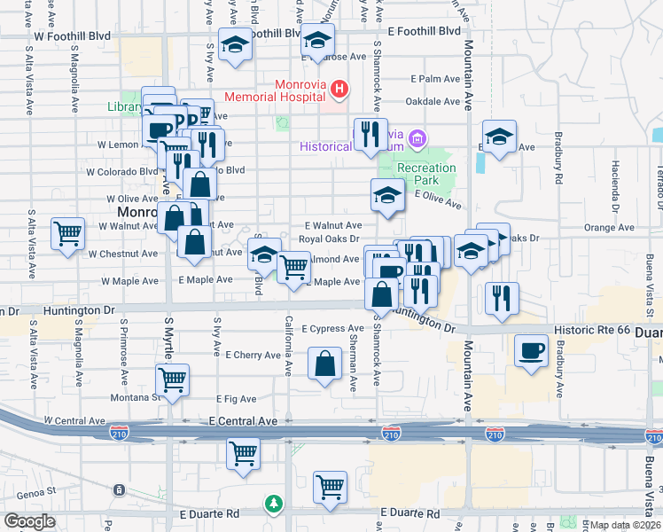 map of restaurants, bars, coffee shops, grocery stores, and more near 511 East Maple Avenue in Monrovia