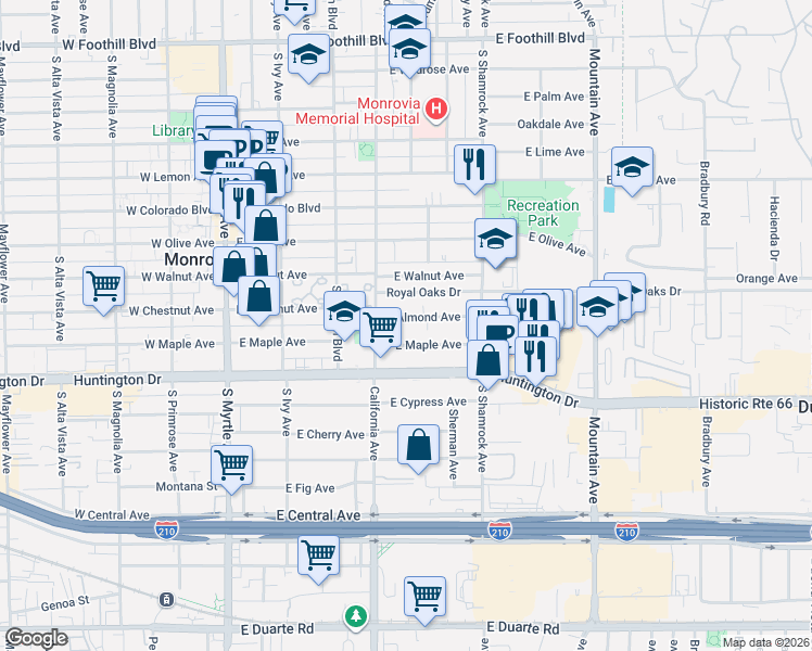map of restaurants, bars, coffee shops, grocery stores, and more near 411 East Maple Avenue in Monrovia