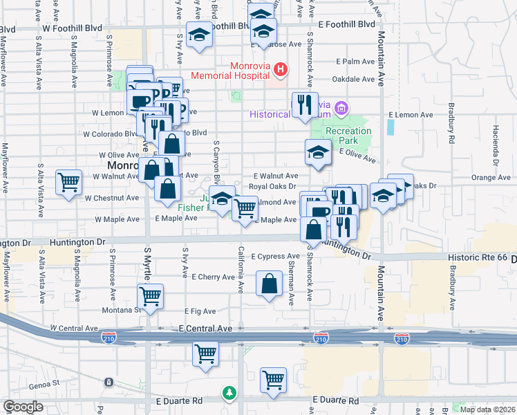 map of restaurants, bars, coffee shops, grocery stores, and more near 411 East Maple Avenue in Monrovia