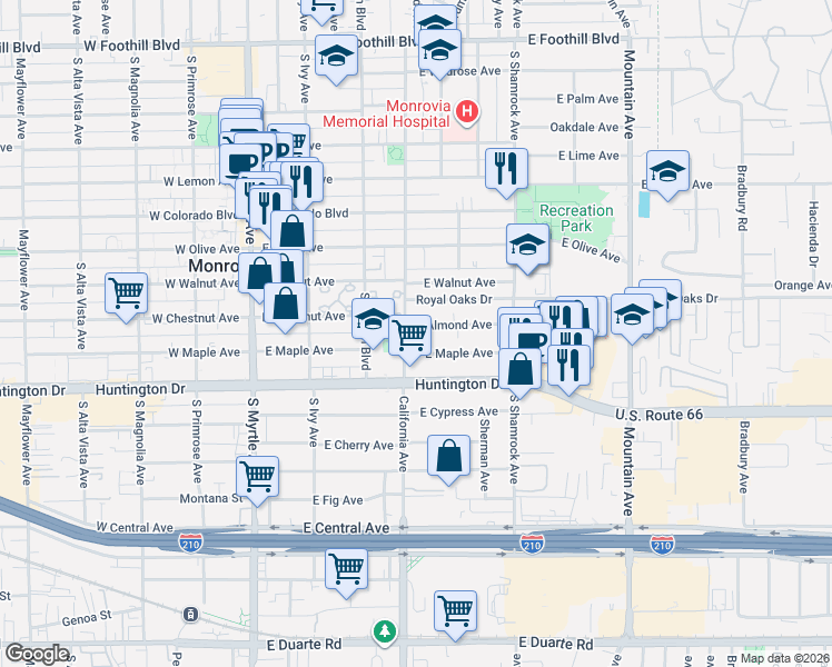 map of restaurants, bars, coffee shops, grocery stores, and more near 411 East Maple Avenue in Monrovia