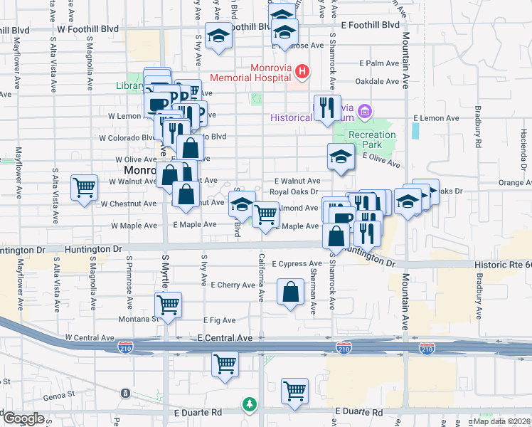 map of restaurants, bars, coffee shops, grocery stores, and more near 411 East Maple Avenue in Monrovia