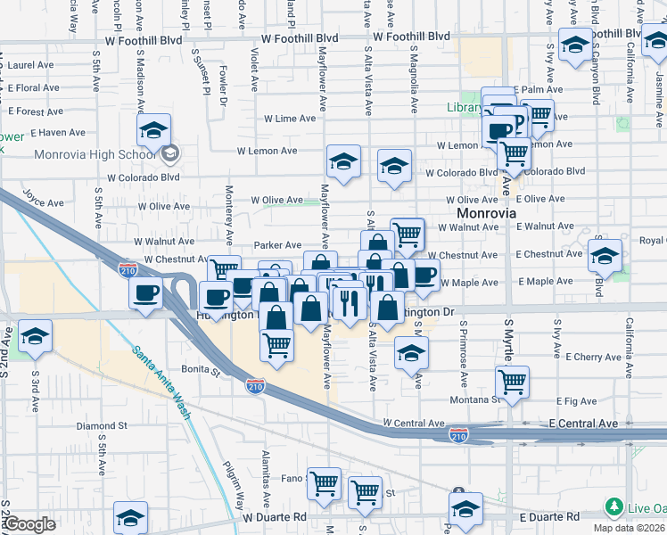 map of restaurants, bars, coffee shops, grocery stores, and more near 930 Mayflower Avenue in Monrovia
